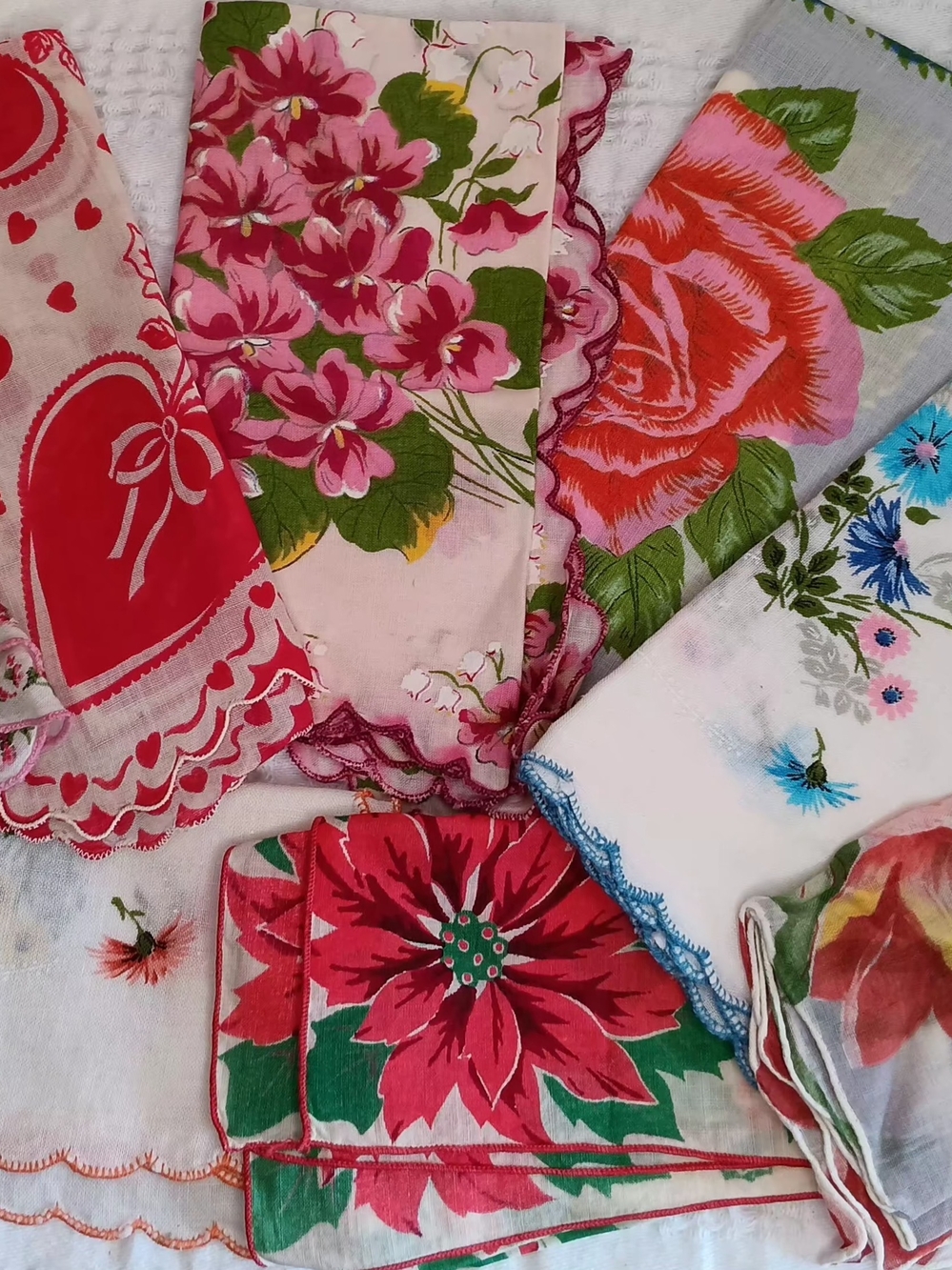 Vintage Floral Printed Handkerchief Lot - Pink, Red, Green, Blue